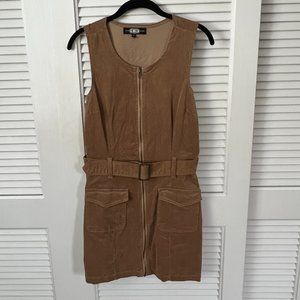 Zip Up Tan Corduroy Belted Dress